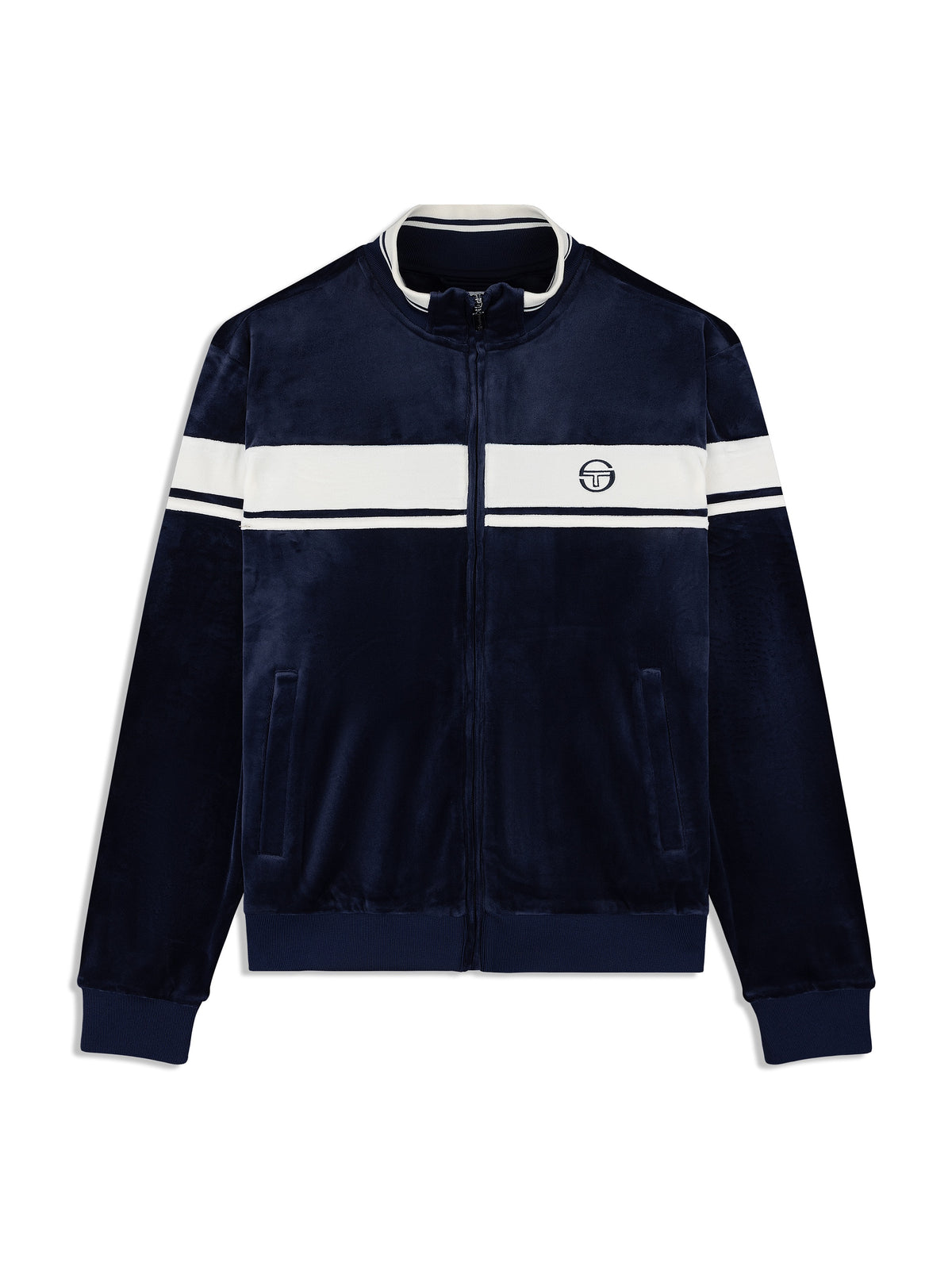 Sergio Tacchini Damarindo Velour Track Jacket in Maritime Blue, front flat lay.