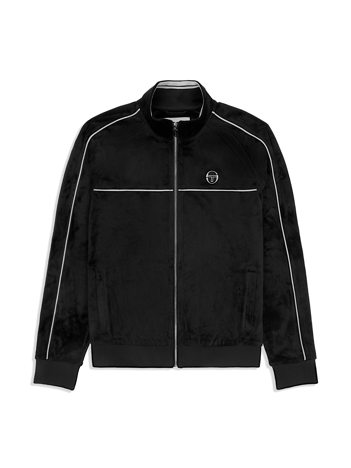 Lioni Velour Track Jacket in Black Beauty, front flat lay showing the stand collar, full zip and white piping.
