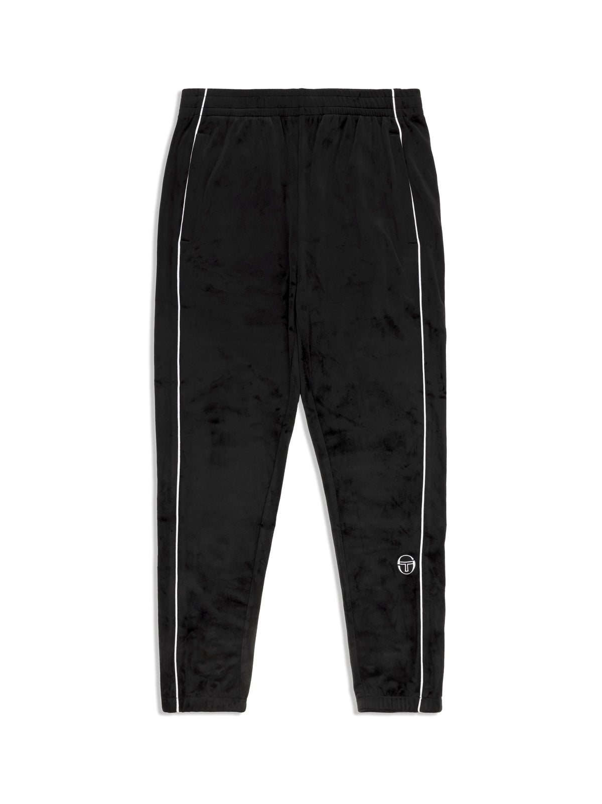 Lioni Velour Track Pant in Black Beauty, front flat lay showing the white side piping and elastic waist.