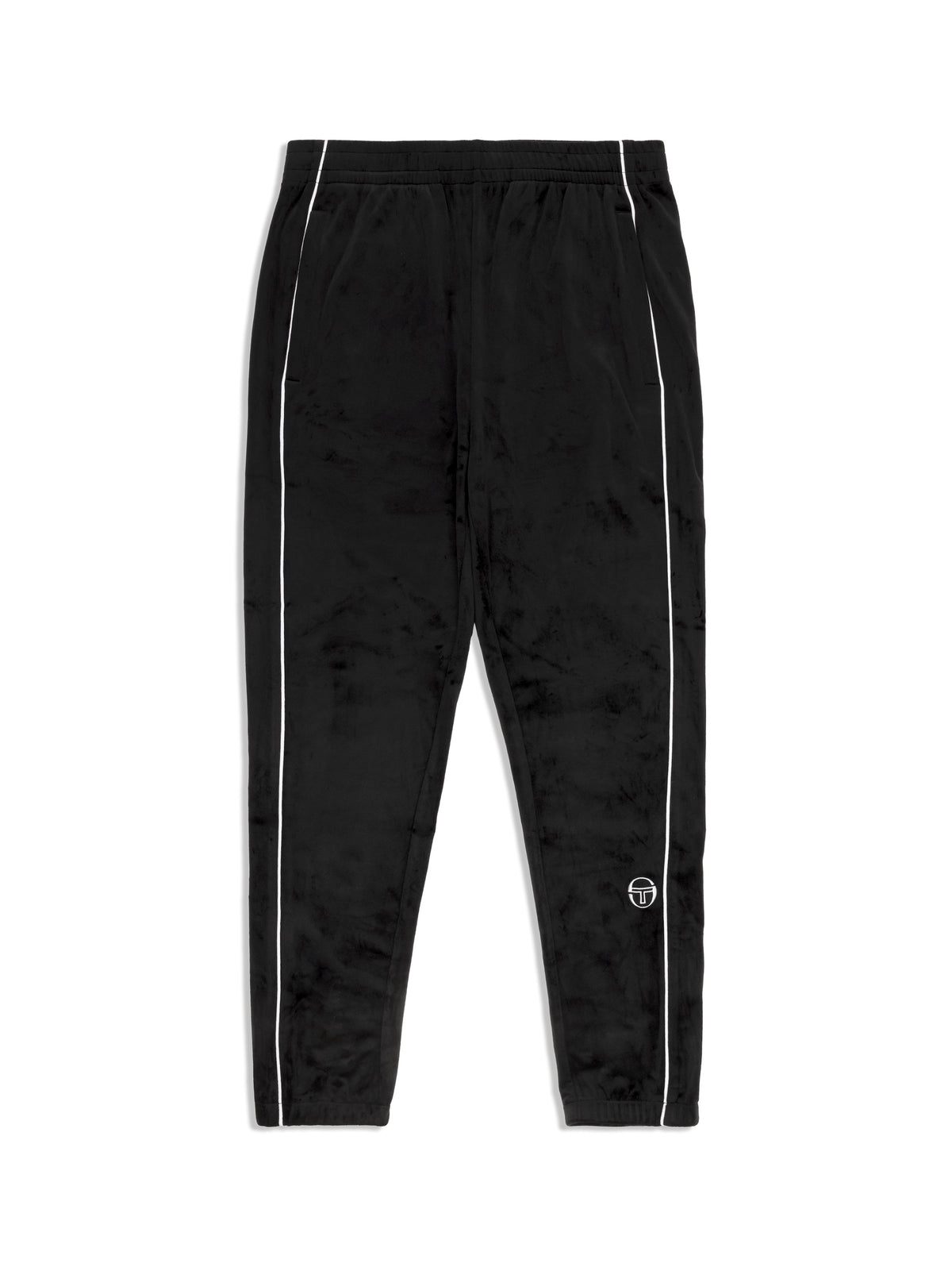 Lioni Velour Track Pant in Black Beauty, front flat lay showing the white side piping and elastic waist.