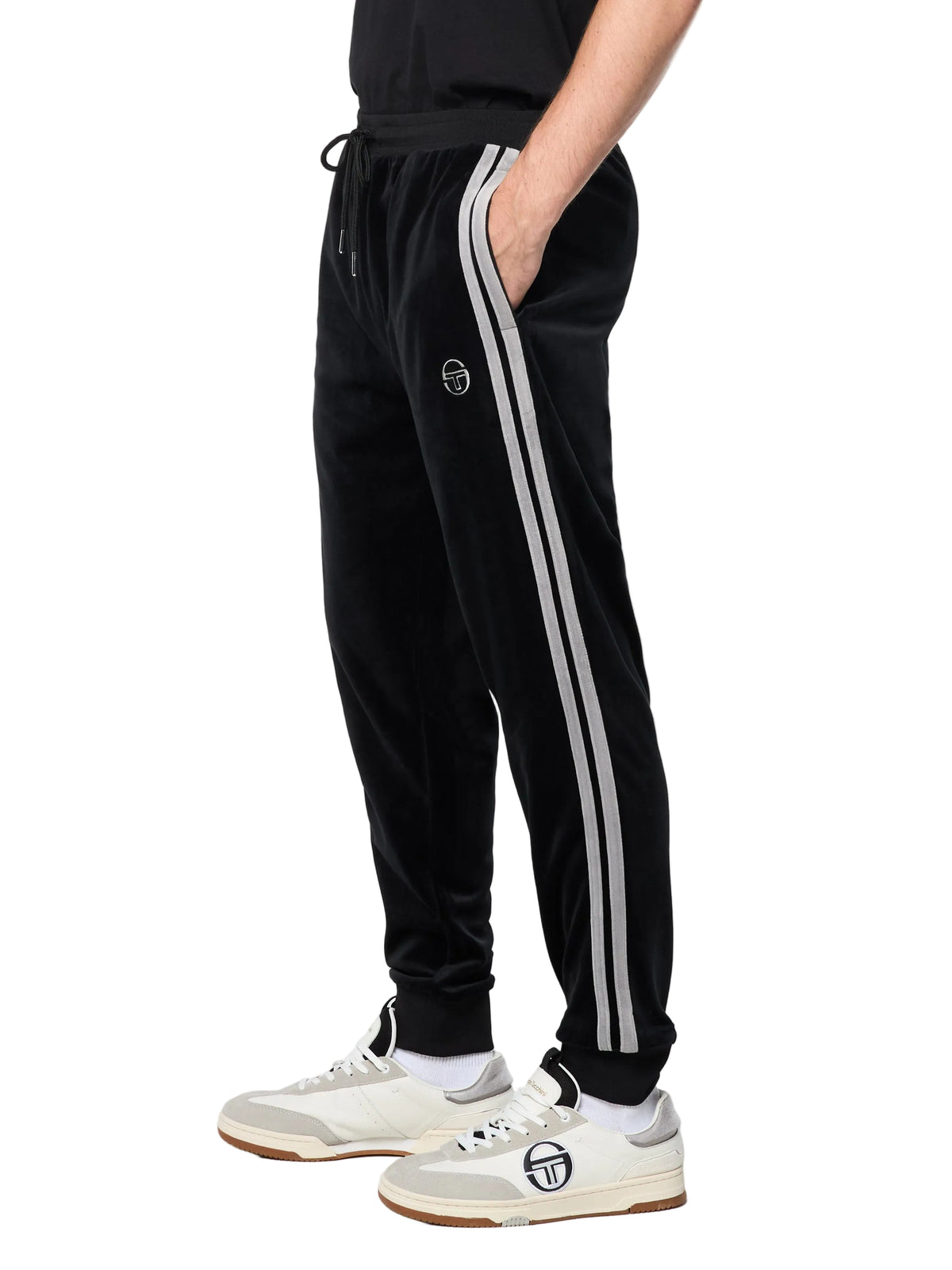 Damarindo Velour Track Pant in Black Beauty, side view showing waistband and side stripe.