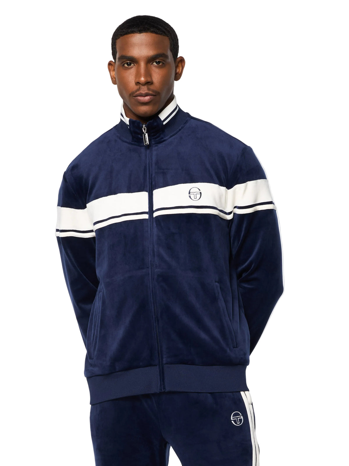 Damarindo Velour Track Jacket in Maritime Blue, front view on model.