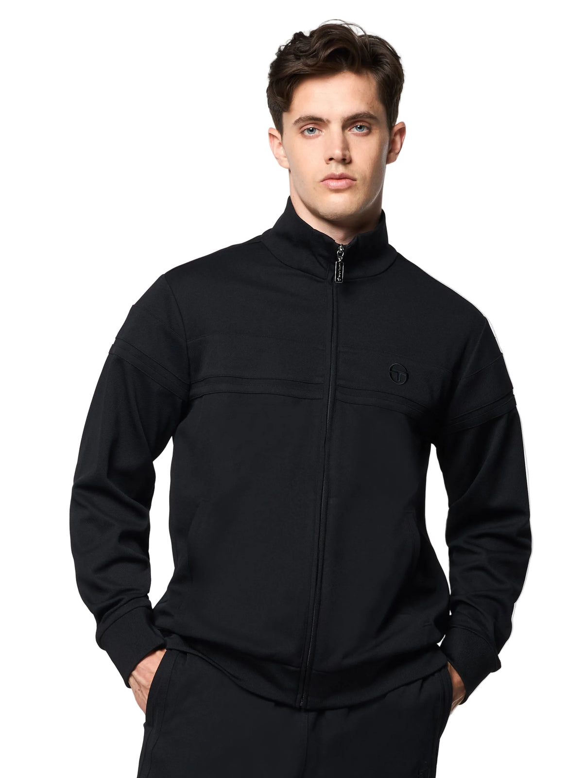 Damarindo Track Jacket Archivio in Black, front upper body view on model.