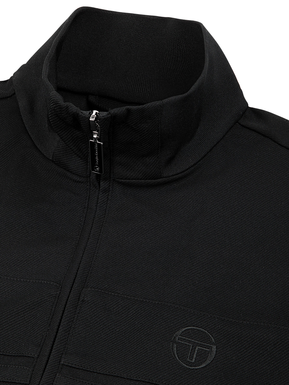 Close-up of the stand collar, zip, and tonal logo on the Damarindo Track Jacket Archivio in Black.