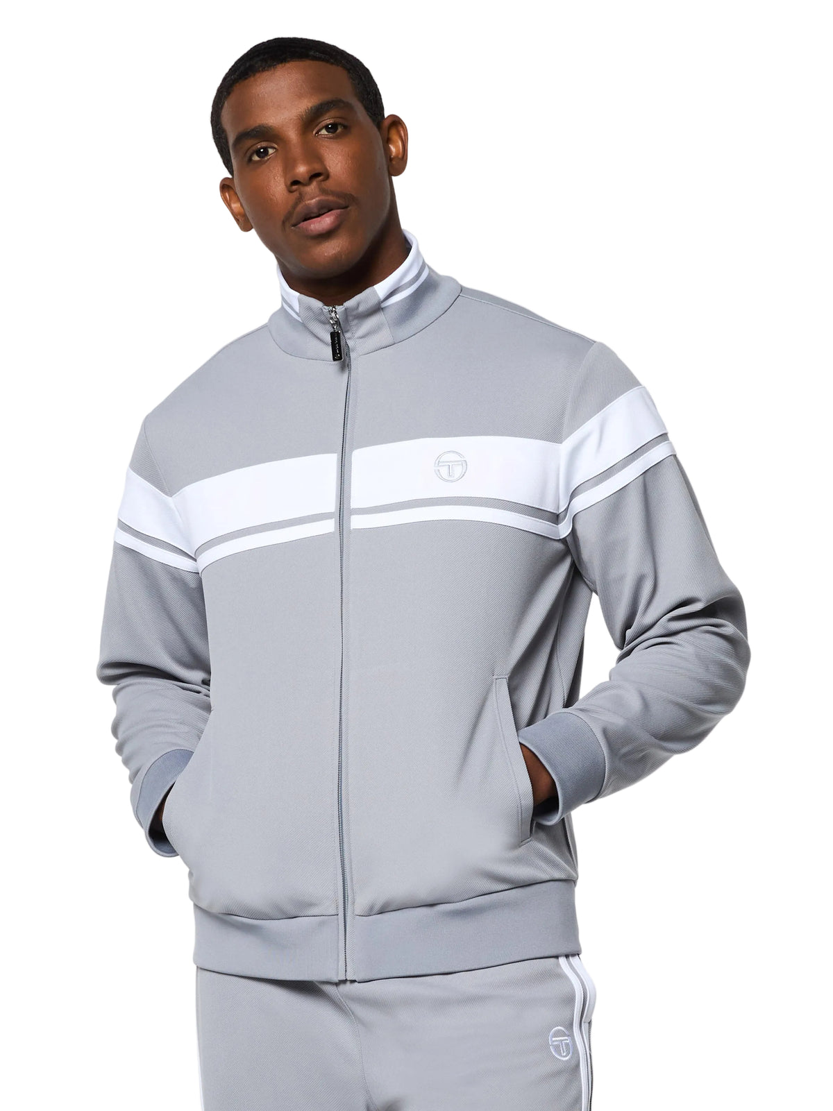 Damarindo Track Jacket Archivio in Sleet/White, front upper body view on model.