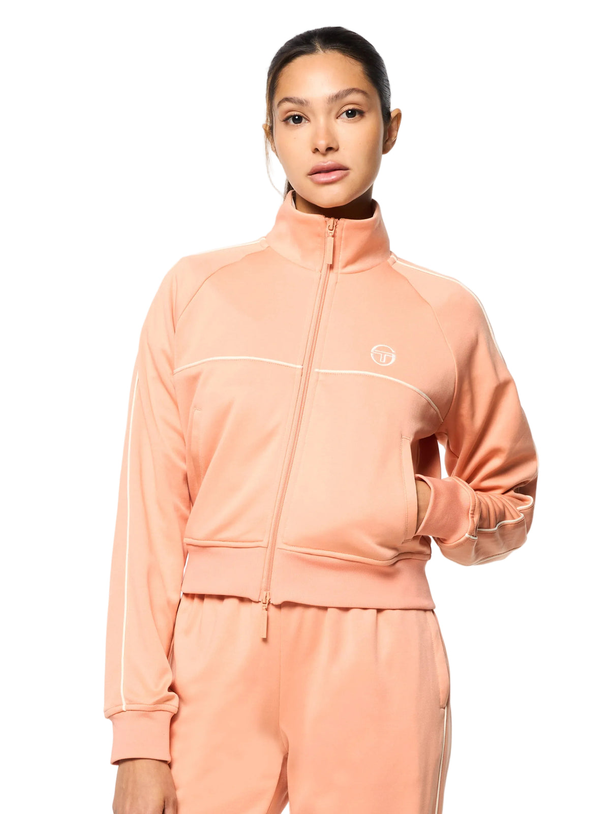 Miss Lioni Track Jacket in Canyon Sunset, front upper body view with cream piping, styled with matching pants.