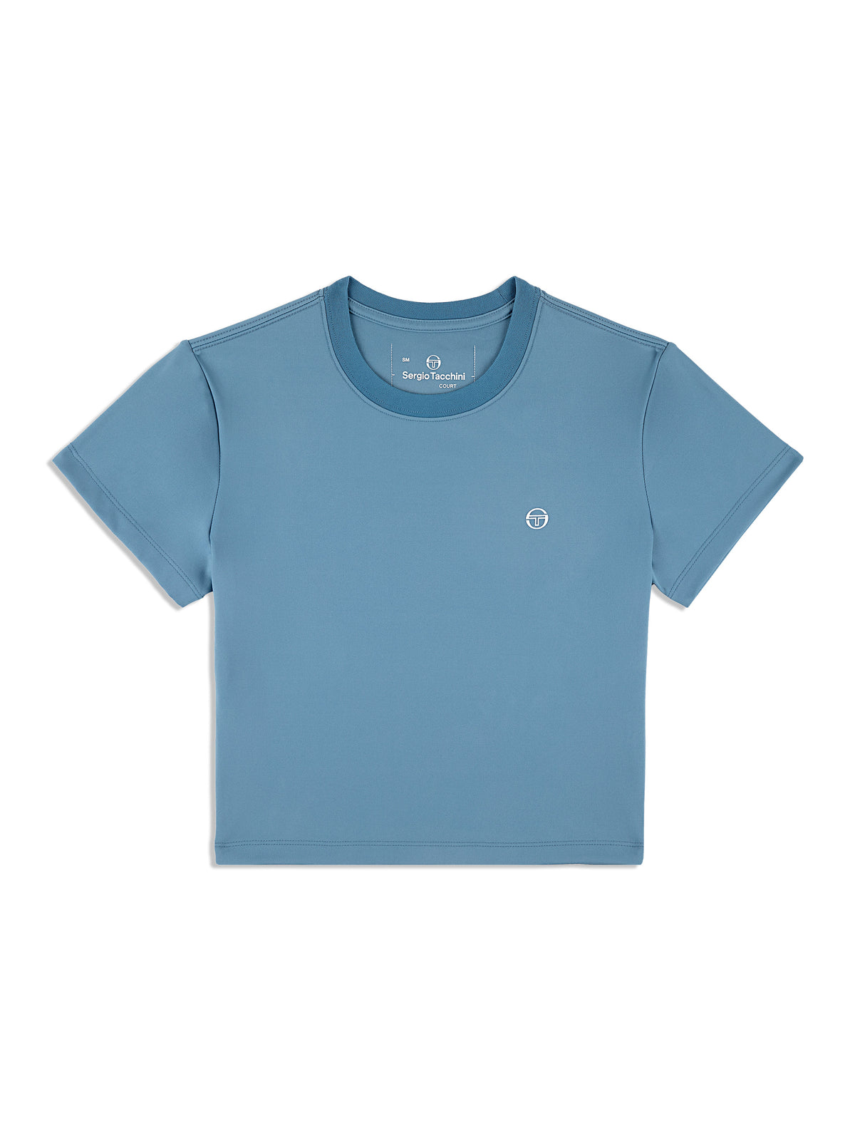 Sergio Tacchini Mirano Fitted Crop Top in Coronet Blue, front flat lay with contrast ribbed neckline.