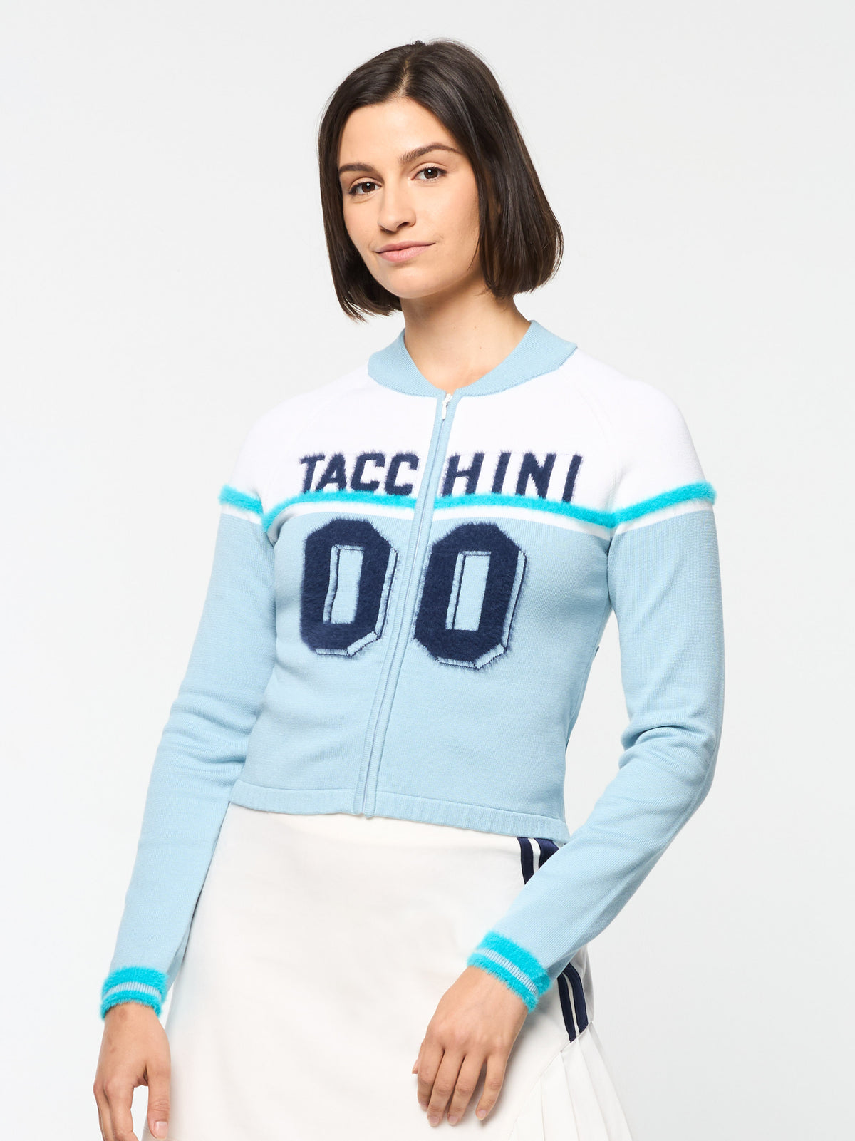 Ruota Cycling Jersey in Celestial Blue, front view with "Tacchini 00" varsity graphic.