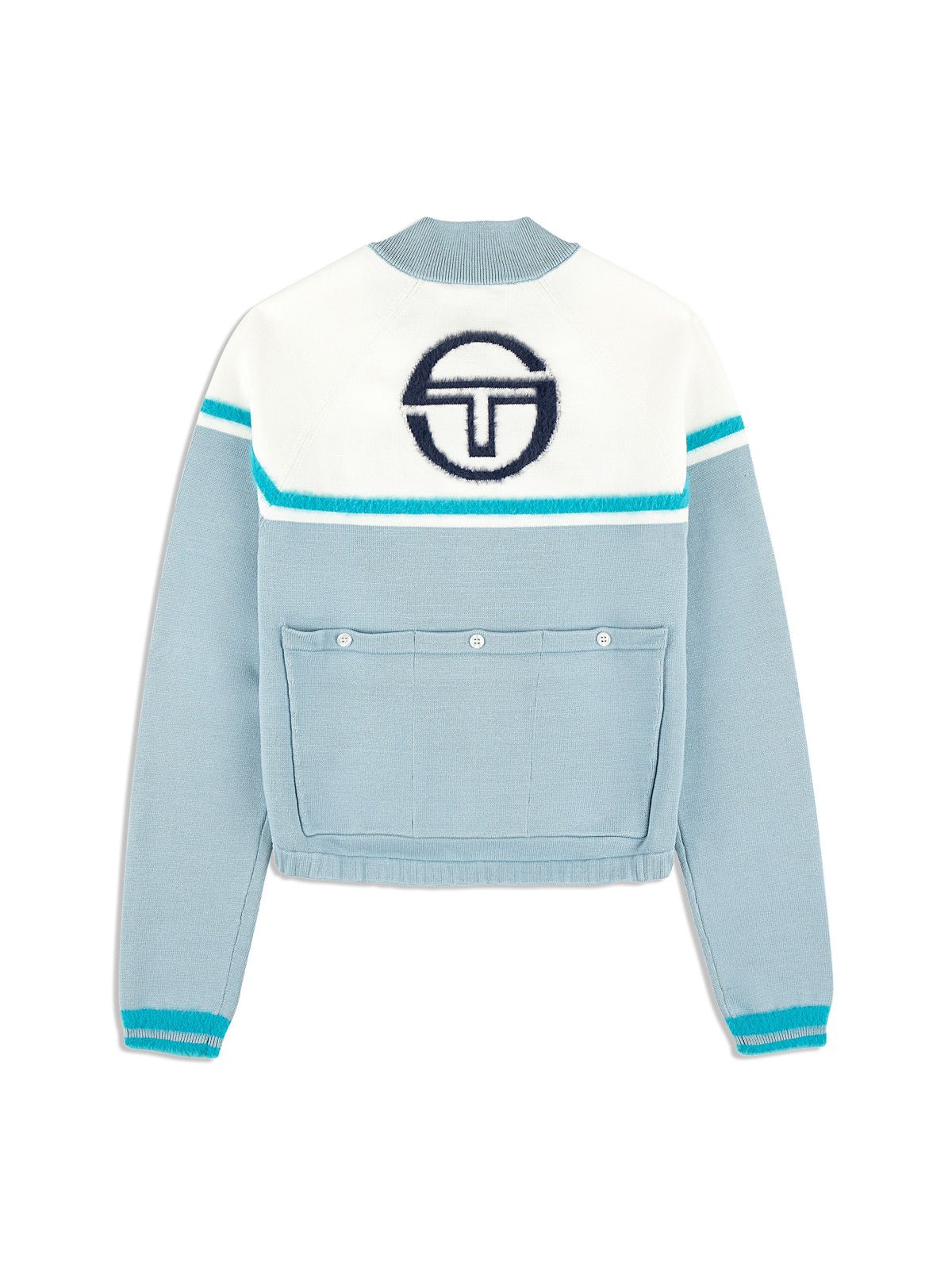 Sergio Tacchini Ruota Cycling Jersey in Celestial Blue, back flat lay with logo and snap-button pocket.