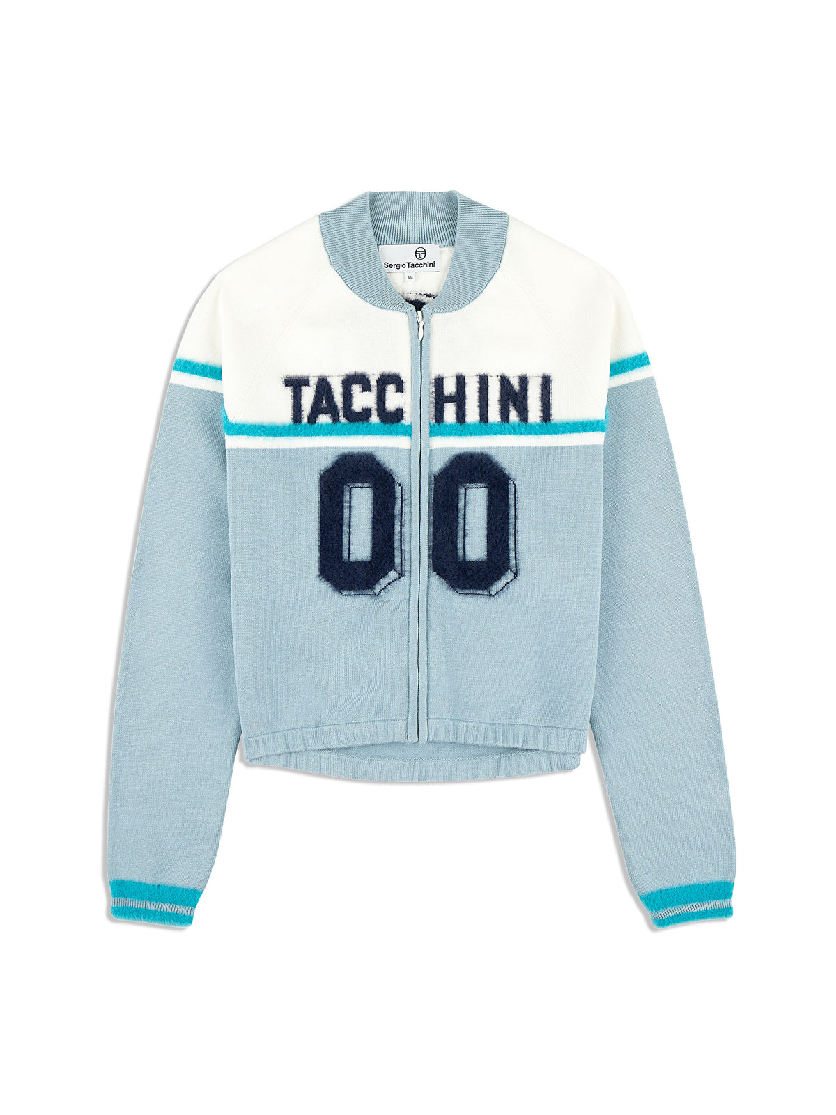 Sergio Tacchini Ruota Cycling Jersey in Celestial Blue, front flat lay with varsity graphic.