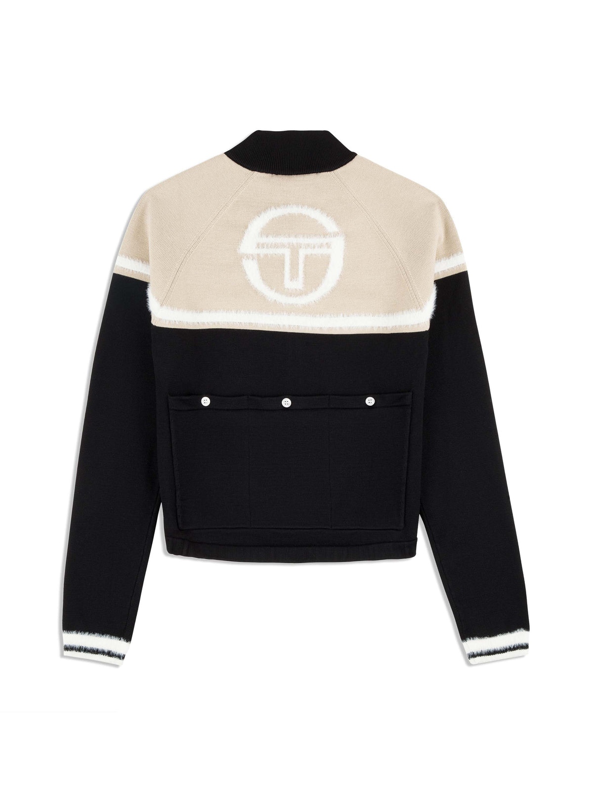 Sergio Tacchini Ruota Cycling Jersey in Black Beauty, back flat lay with logo and snap-button pocket.