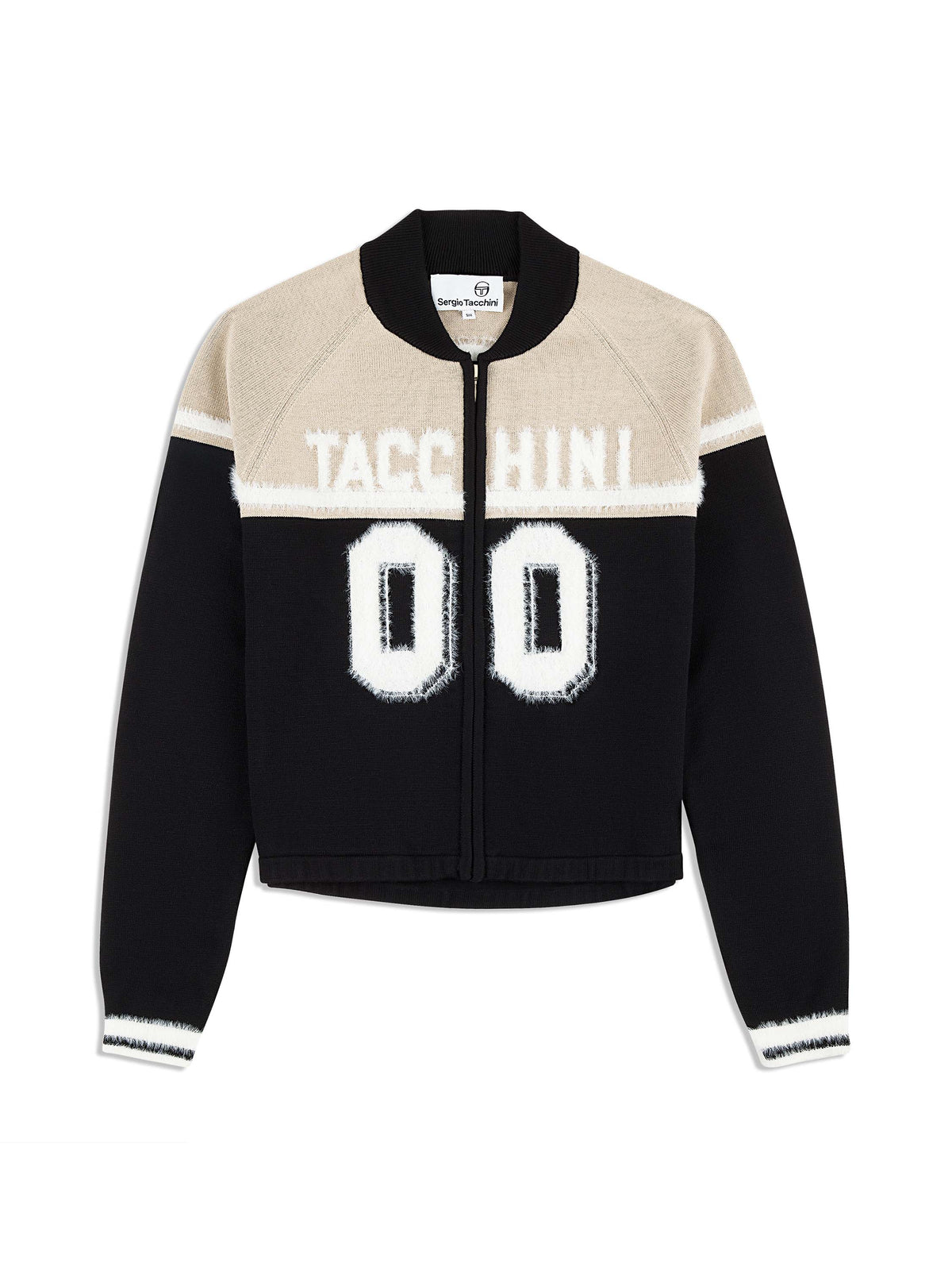 Sergio Tacchini Ruota Cycling Jersey in Black Beauty, front flat lay with varsity graphic.