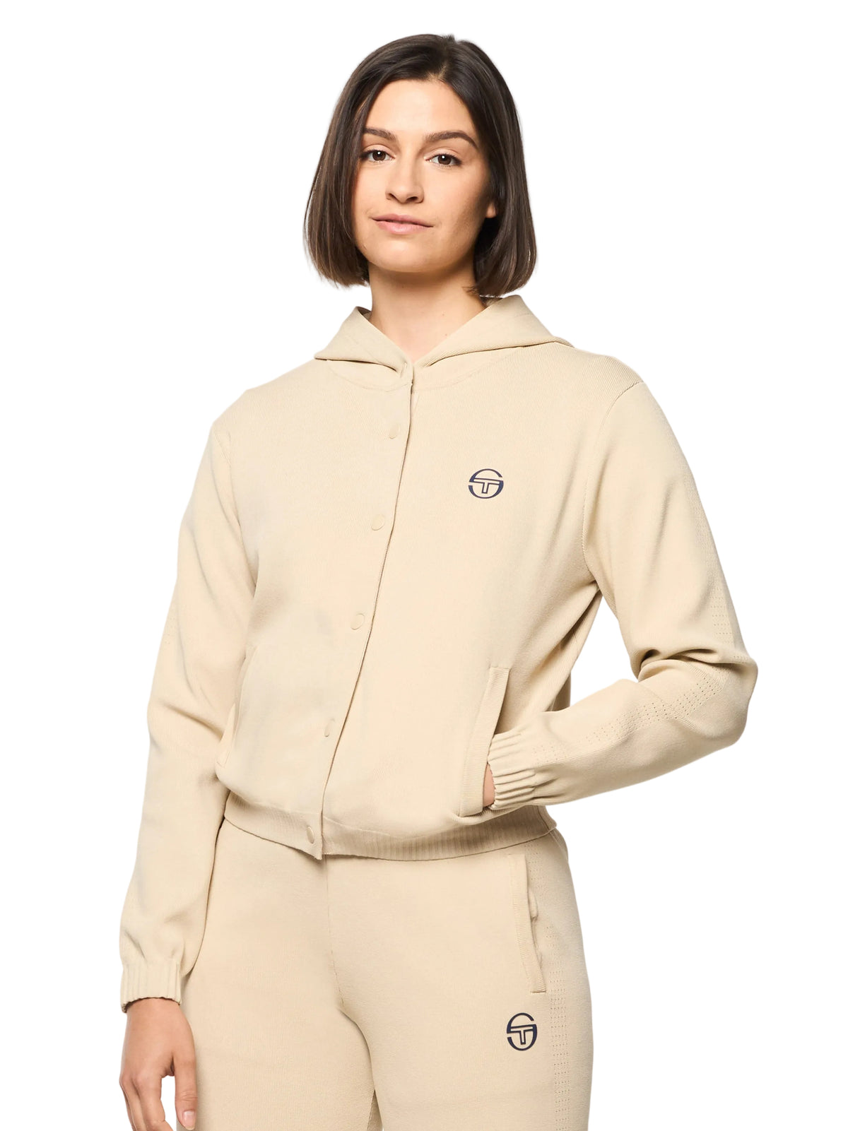 Rosolina Hoodie in Humus, front view on model with matching joggers.