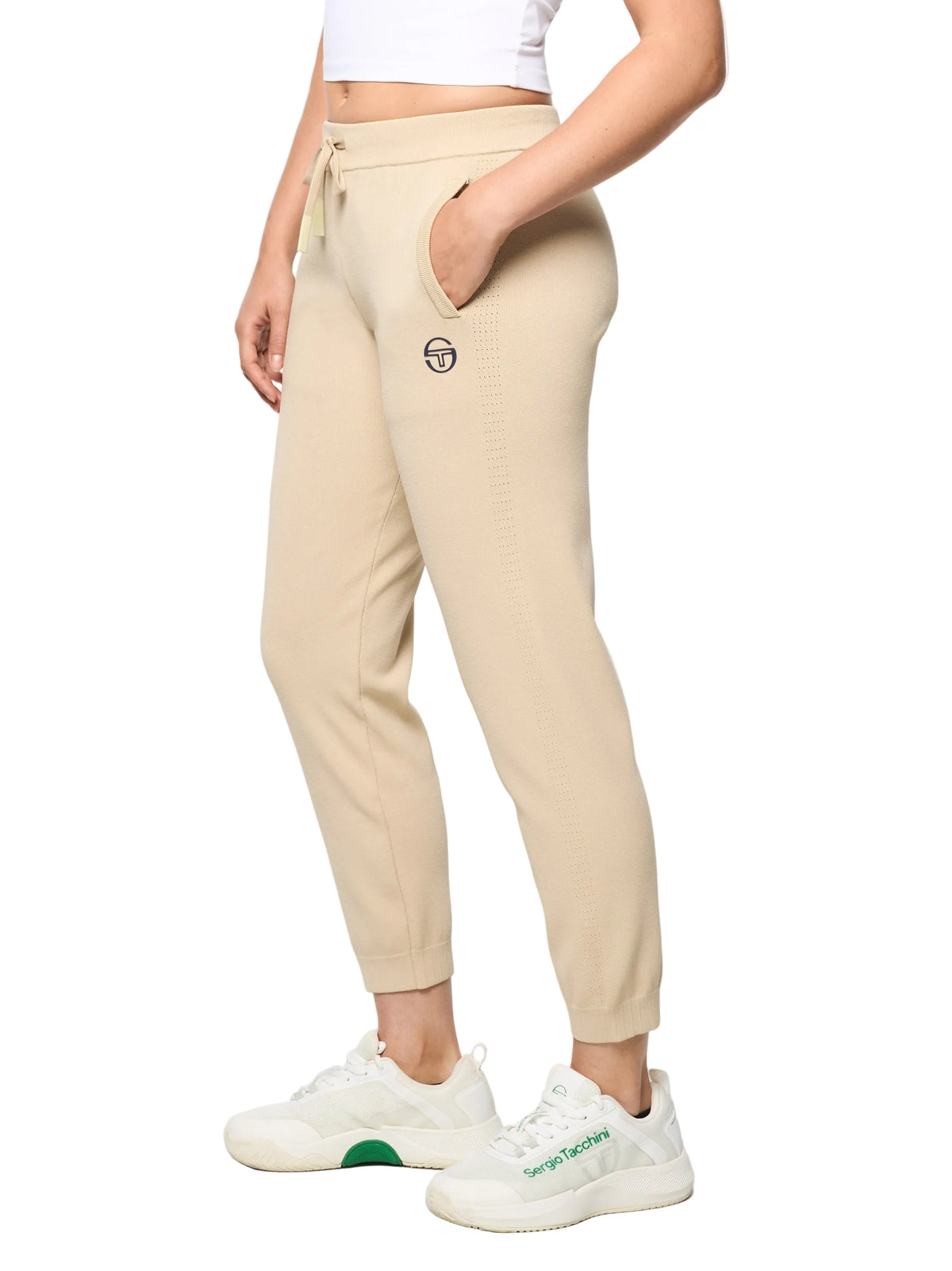 Rosolina Track Pant in Humus, cropped side view with drawstring waist and logo.