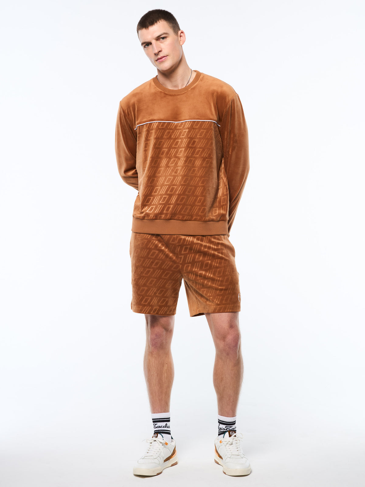 Bandiera Debossed Velour Crewneck in Sugar Almond, view 3