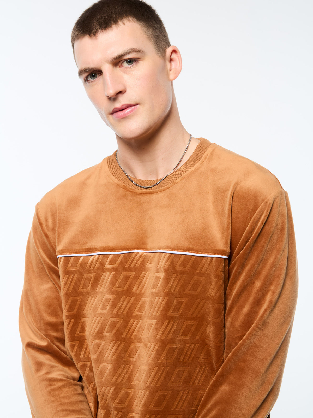 Bandiera Debossed Velour Crewneck in Sugar Almond, view 7