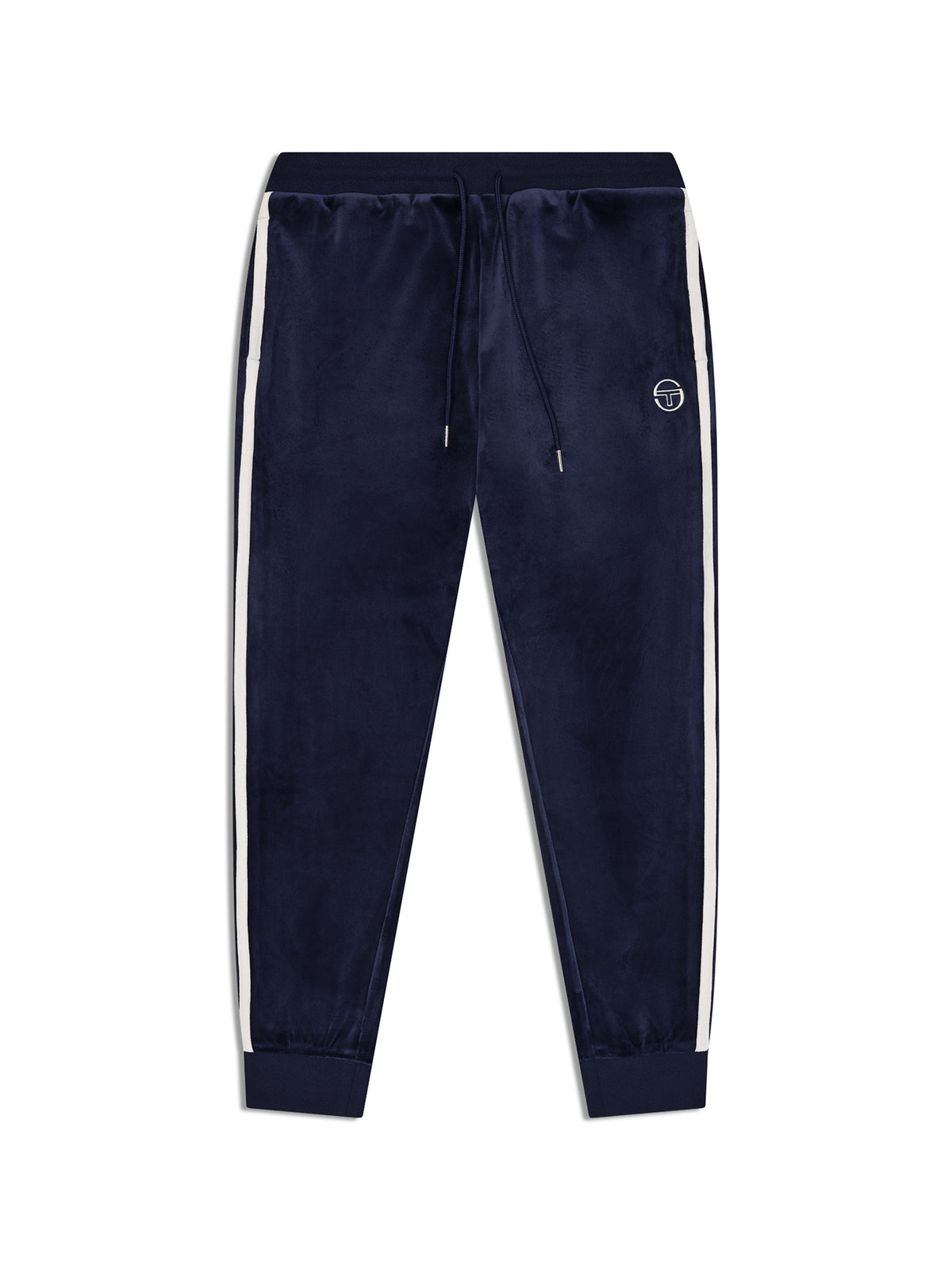 Damarindo Velour Track Pant in Maritime Blue, front flat lay showing the drawstring waist and white side stripes.