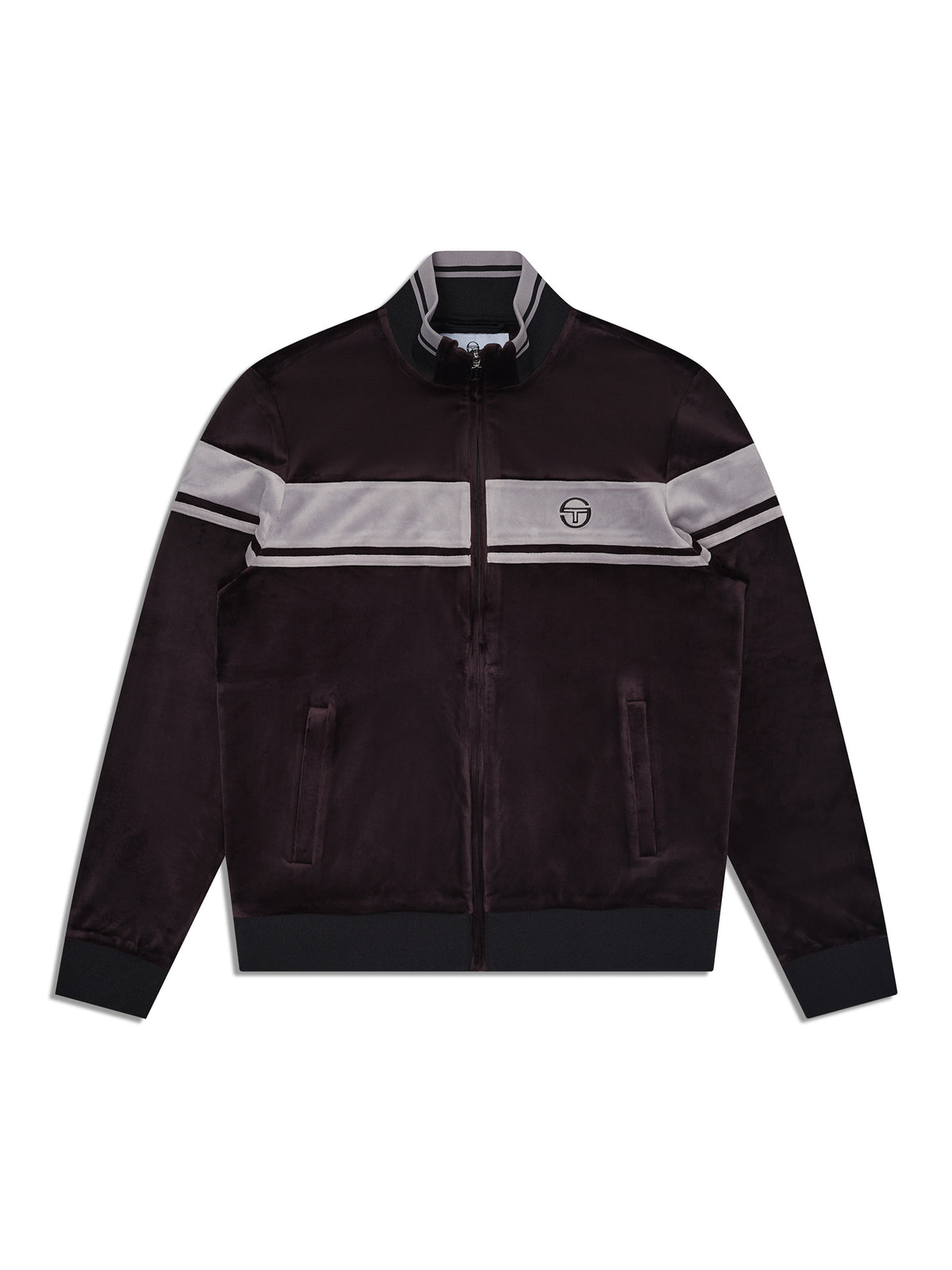 Damarindo Velour Track Jacket in Black Beauty, front flat lay showing the gray chest stripe and stand collar.