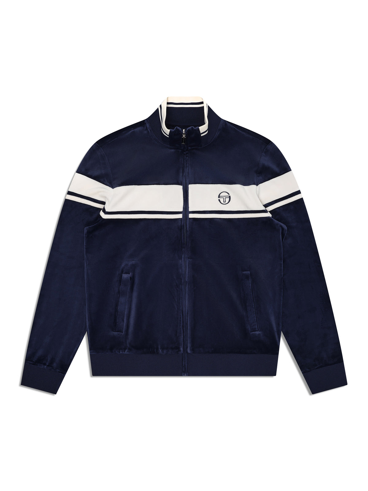 Damarindo Velour Track Jacket in Maritime Blue, front flat lay showing the white chest stripe and stand collar.