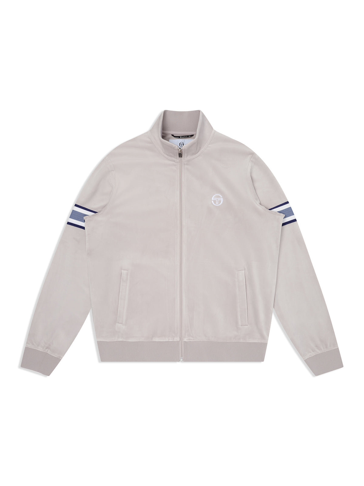 Linera Velour Track Jacket in Quiet Gray, front flat lay showing the stand collar and striped sleeve bands.