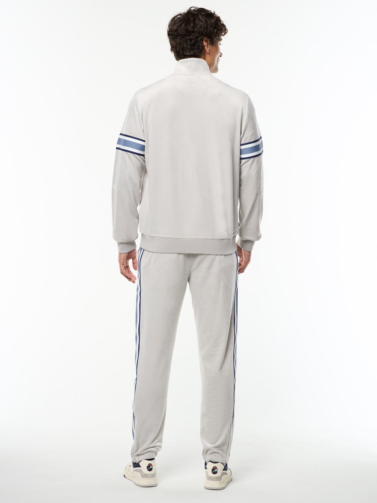 Full body back view of the Linera Velour Track Jacket and matching pants in Quiet Gray.