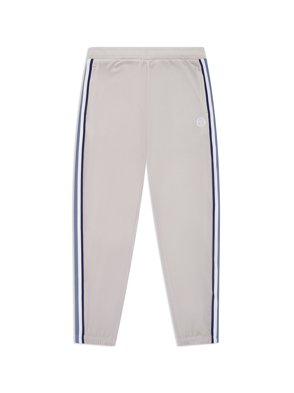 Linera Velour Track Pant in Quiet Gray, front flat lay showing the blue side stripes and elastic waist.