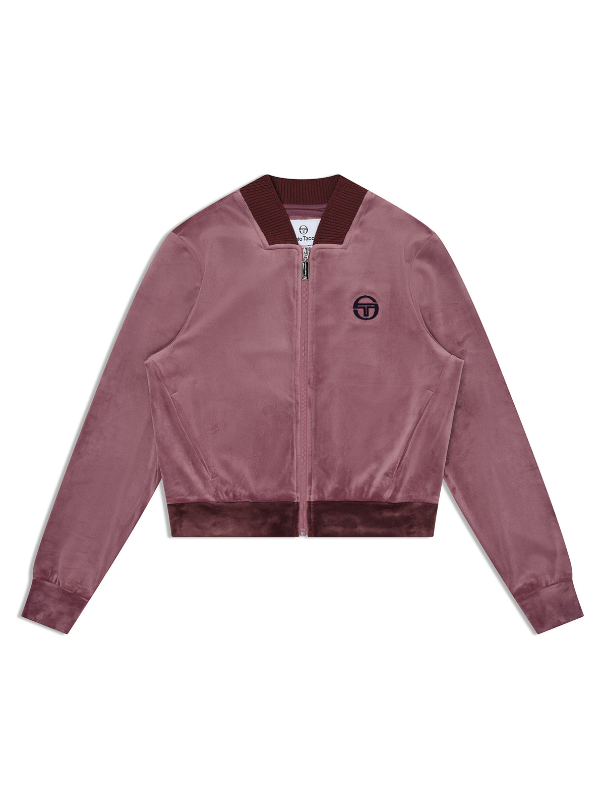 Dalia Velour Track Jacket in Grape Shake, front flat lay showing the cropped bomber fit and ribbed trim.