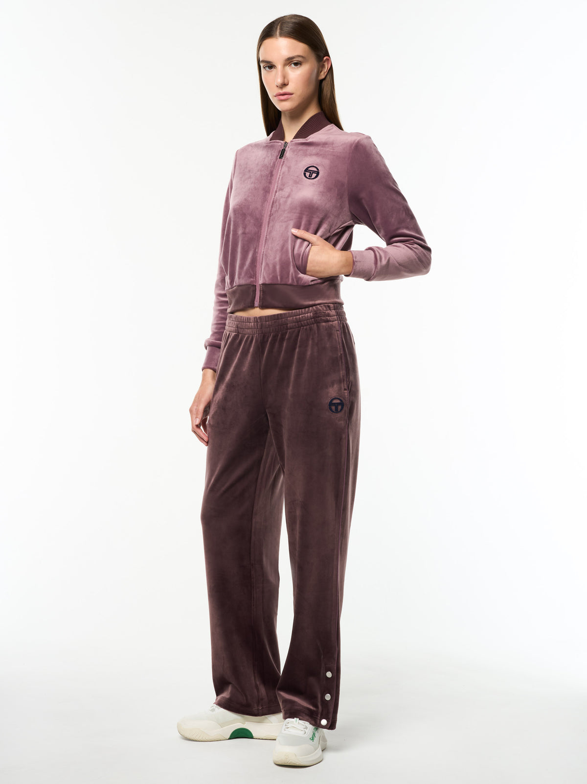 Full body angled view of the Dalia Velour Track Jacket and matching pants in Grape Shake.