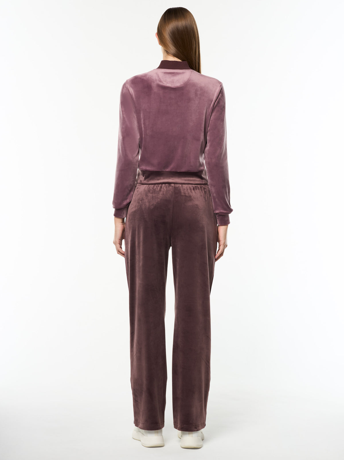 Full body back view of the Dalia Velour Track Jacket and matching pants in Grape Shake.