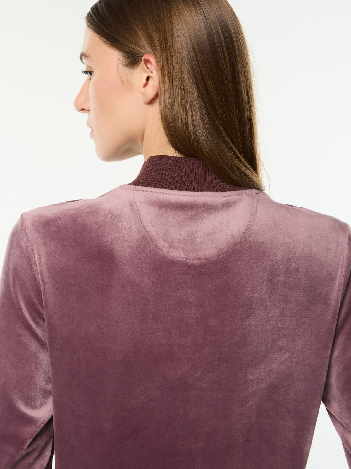 Close-up back view of the ribbed collar and velour texture on the Dalia Velour Track Jacket in Grape Shake.