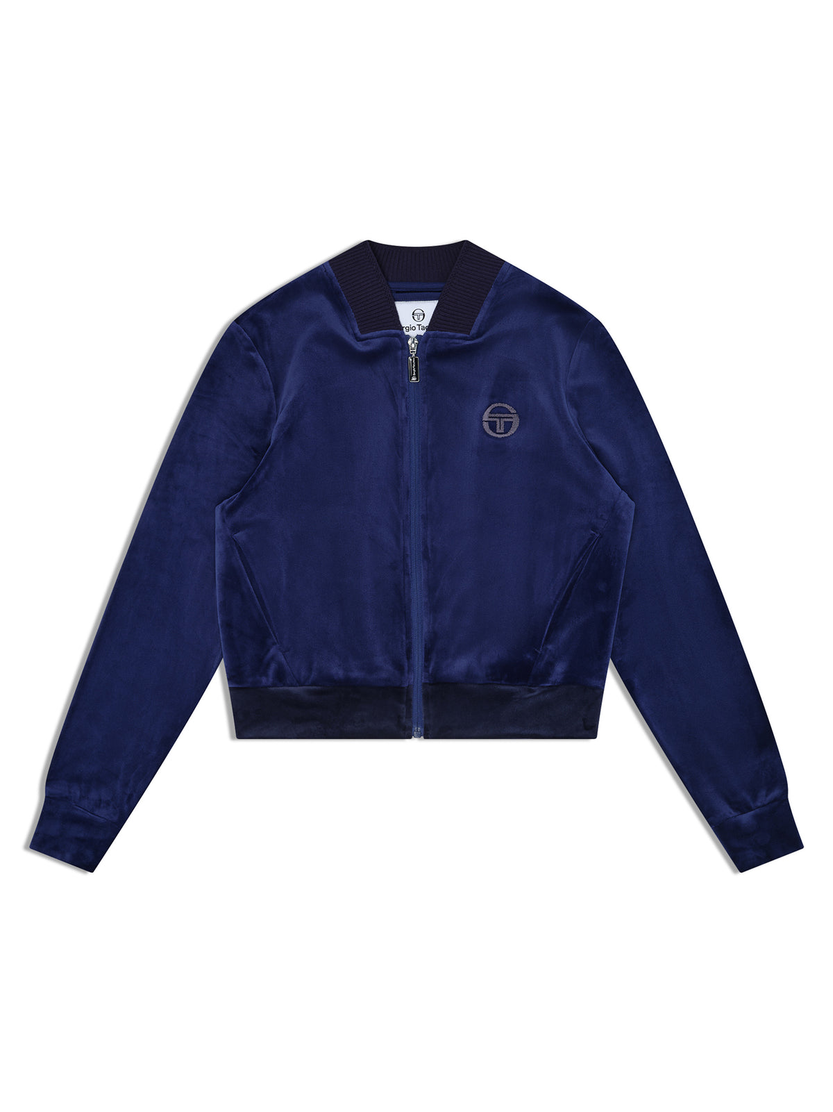 Dalia Velour Track Jacket in Beacon Blue, front flat lay showing the cropped bomber fit and ribbed trim.
