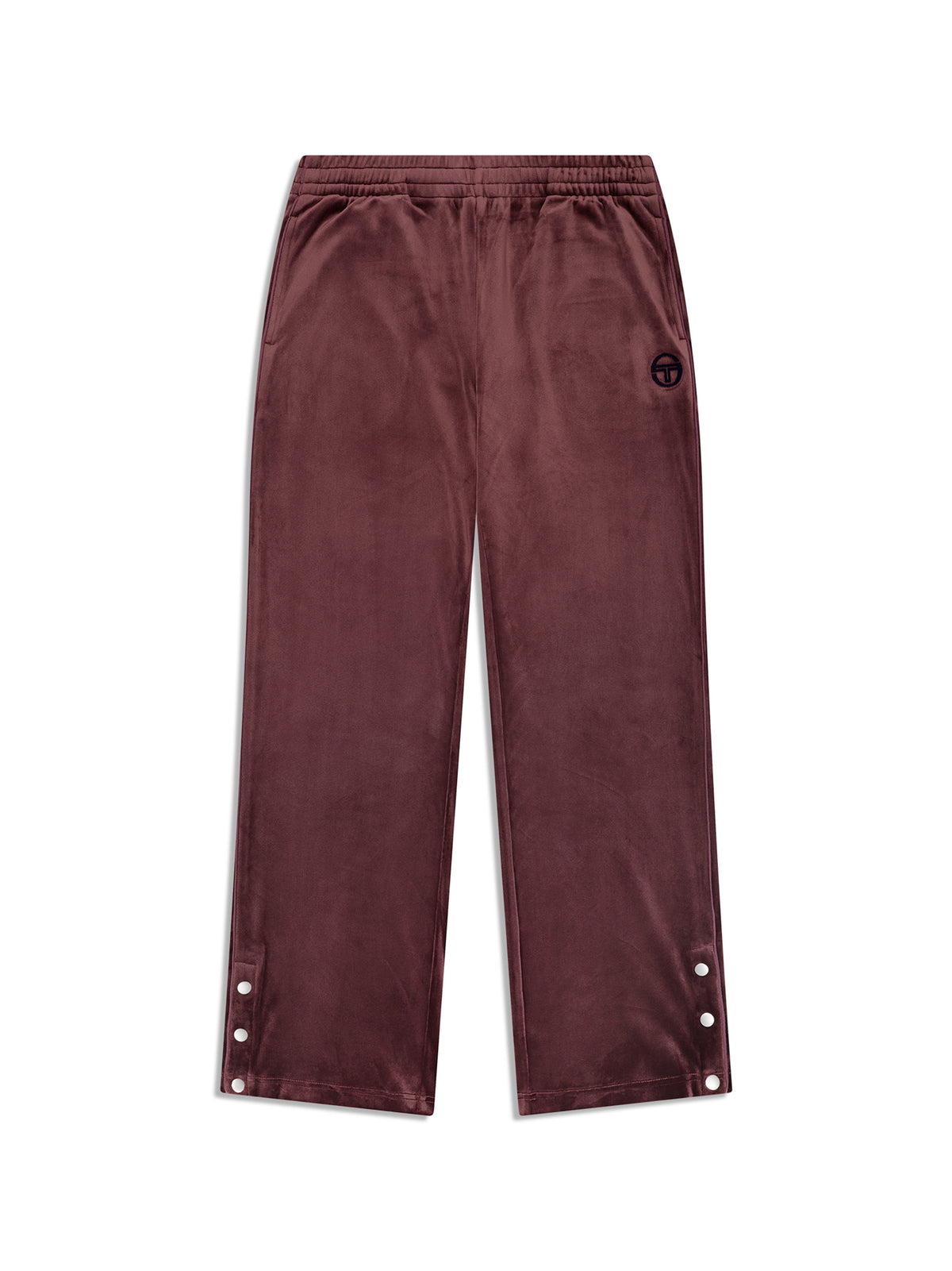 Dalia Velour Track Pant in Huckleberry, front flat lay showing the elastic waist and snap-button hems.