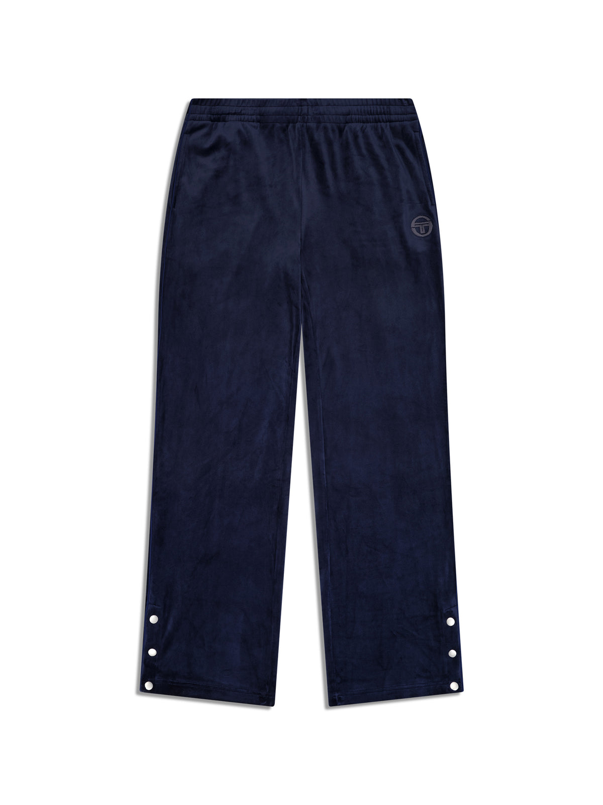 Dalia Velour Track Pant in Maritime Blue, front flat lay showing the elastic waist and snap-button hems.