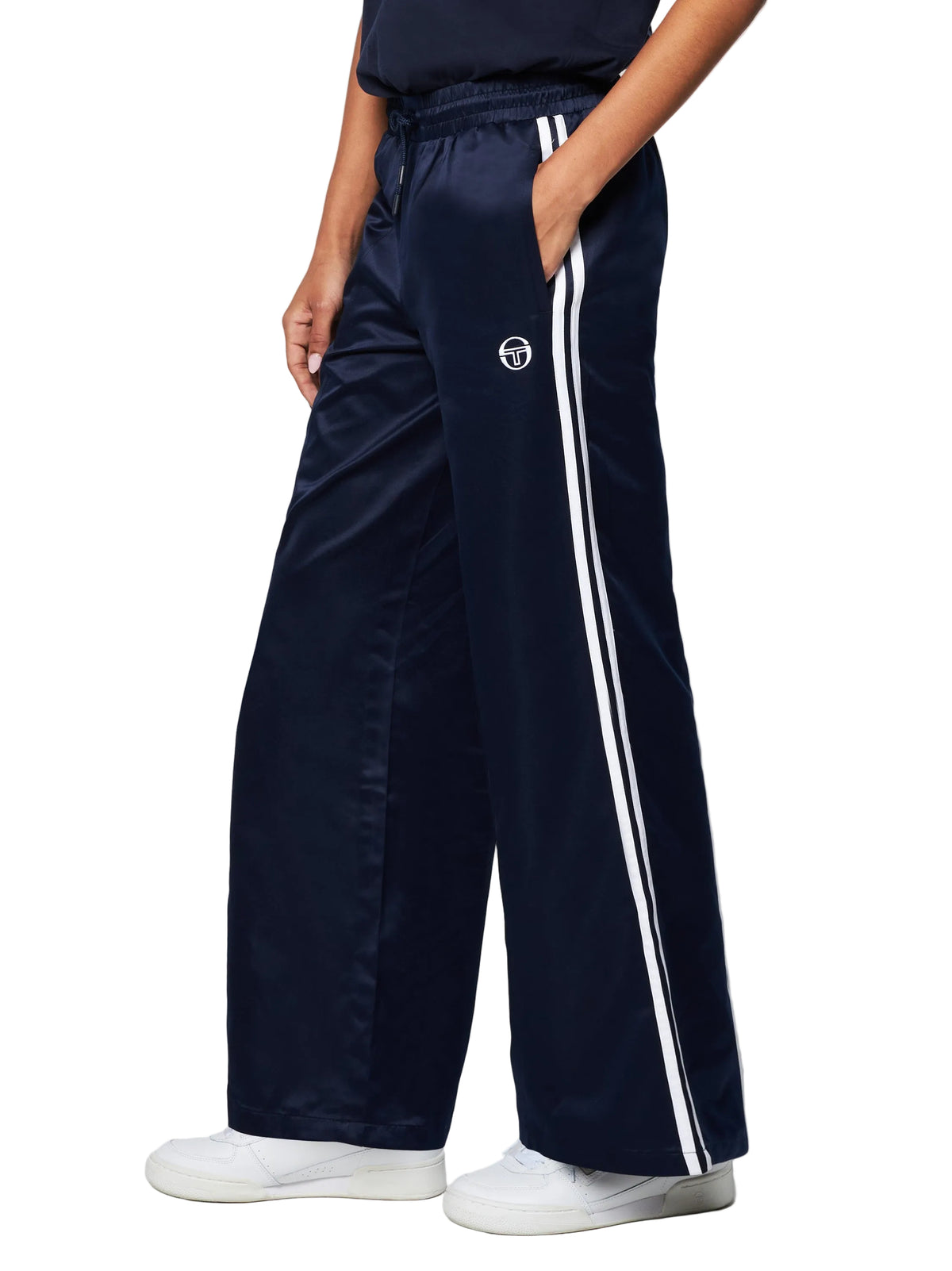 Miss Stella Pants in Maritime Blue, side view showing wide leg and double stripe.