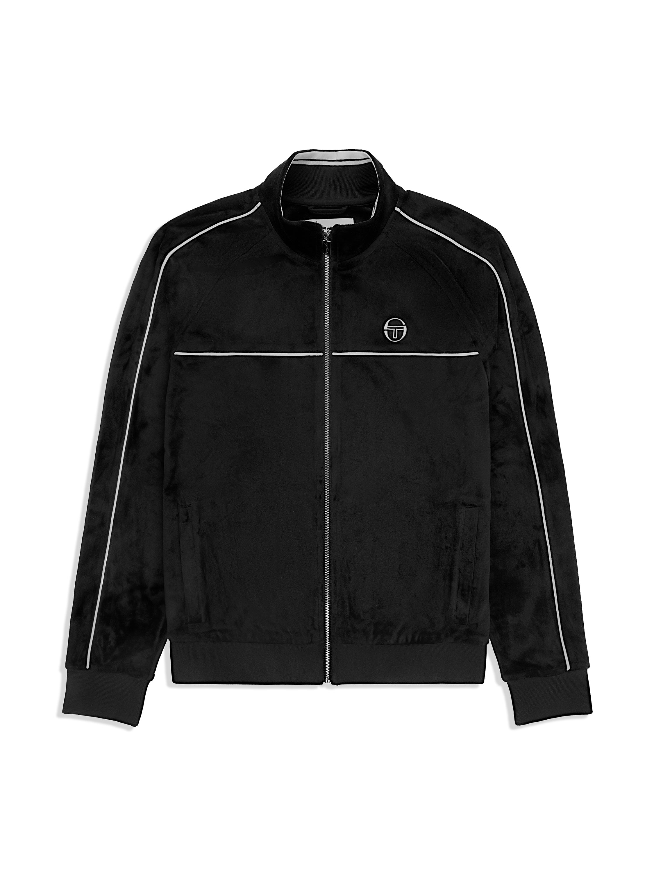 Lioni Velour Track Jacket in Black Beauty, front flat lay showing the stand collar, full zip and white piping.