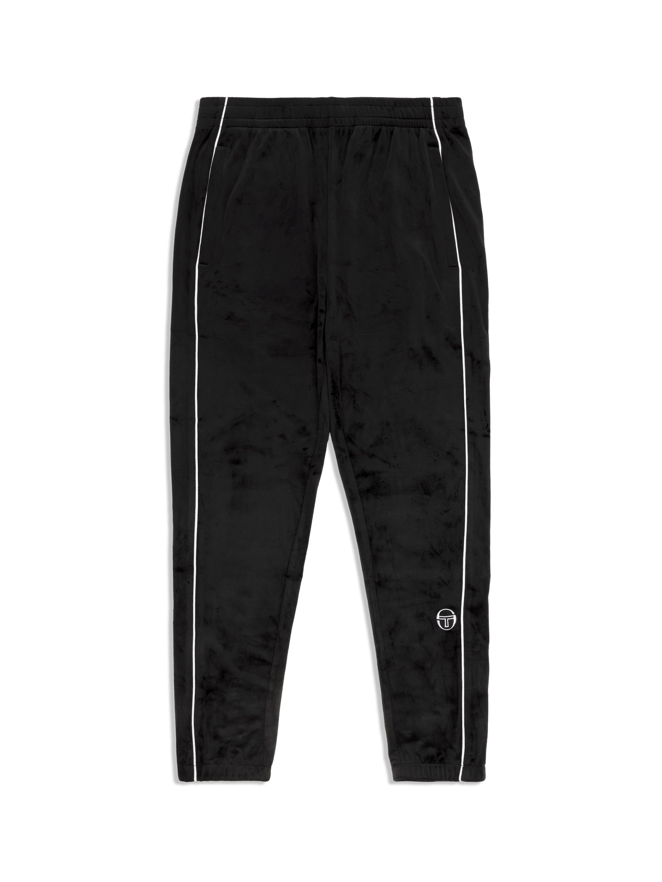 Lioni Velour Track Pant in Black Beauty, front flat lay showing the white side piping and elastic waist.