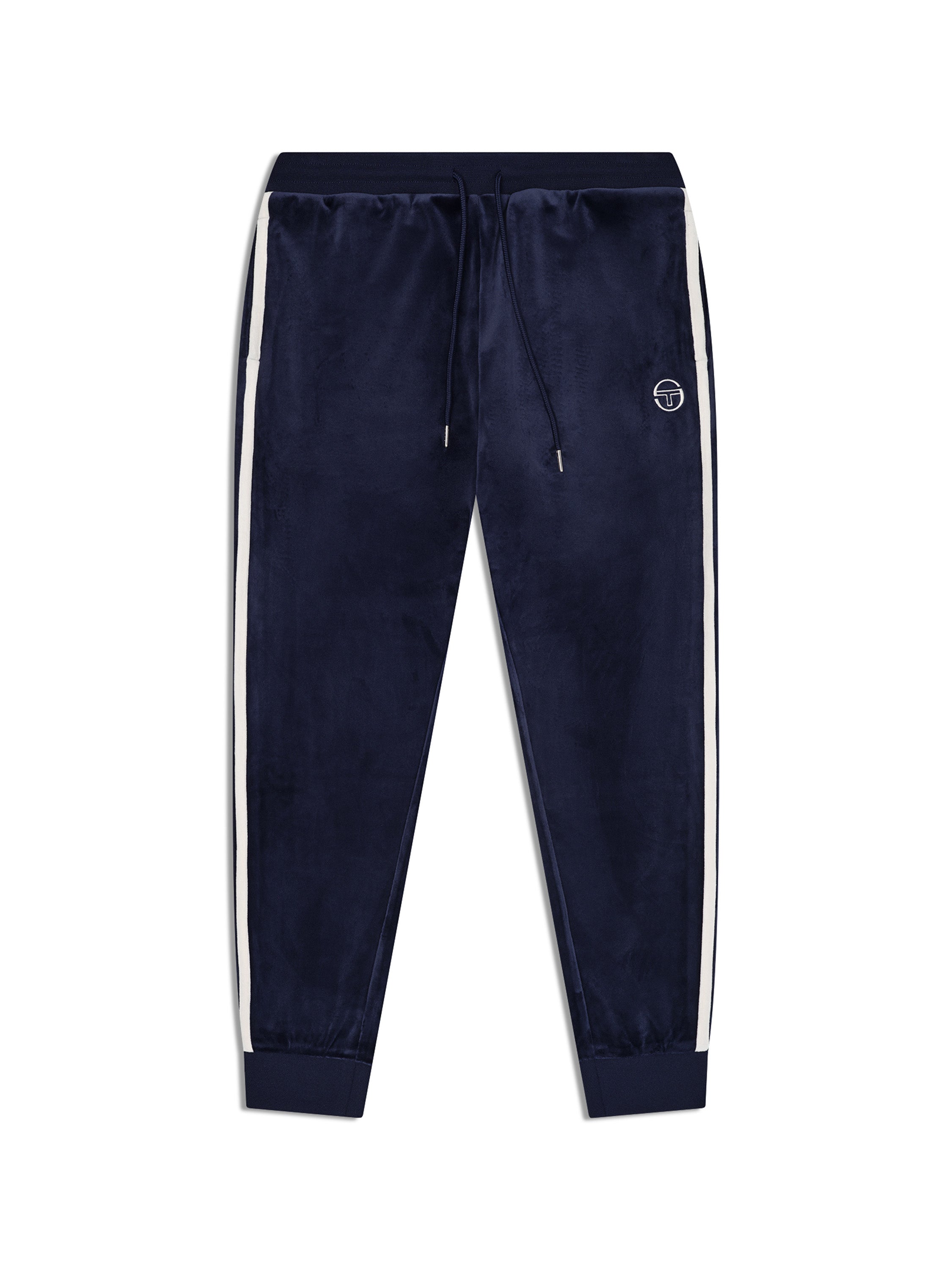 Damarindo Velour Track Pant in Maritime Blue, front flat lay showing the drawstring waist and white side stripes.
