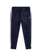 Damarindo Velour Track Pant in Maritime Blue, front flat lay showing the drawstring waist and white side stripes.