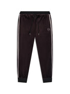 Damarindo Velour Track Pant in Black Beauty, front flat lay showing the drawstring waist and side stripes.