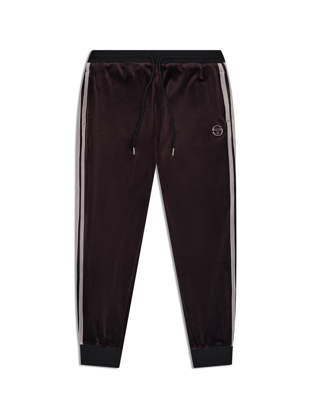 Damarindo Velour Track Pant in Black Beauty, front flat lay showing the drawstring waist and side stripes.