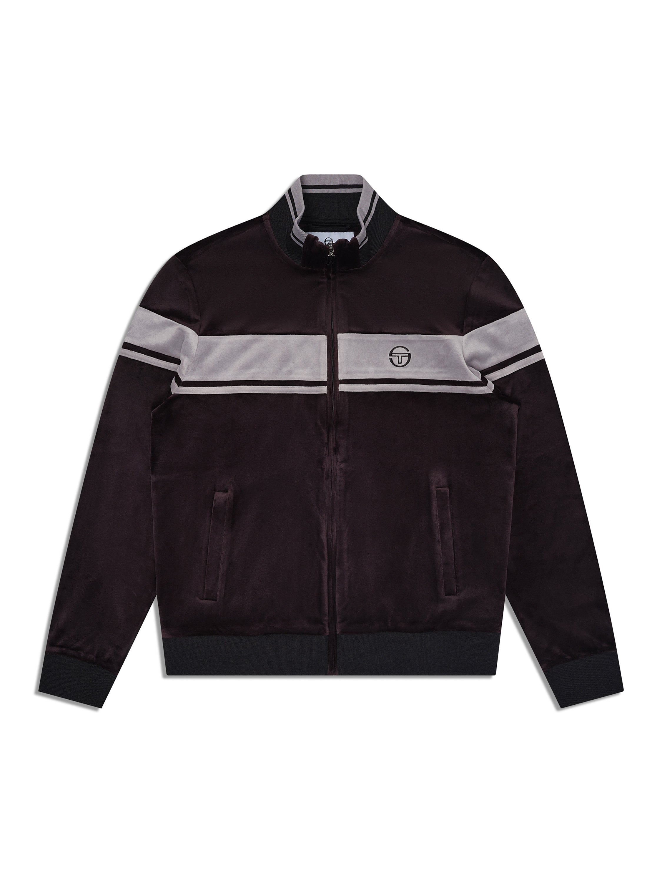 Damarindo Velour Track Jacket in Black Beauty, front flat lay showing the gray chest stripe and stand collar.