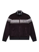 Damarindo Velour Track Jacket in Black Beauty, front flat lay showing the gray chest stripe and stand collar.