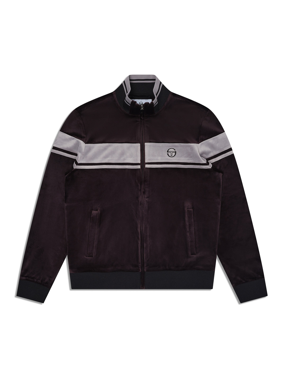 Damarindo Velour Track Jacket in Black Beauty, front flat lay showing the gray chest stripe and stand collar.