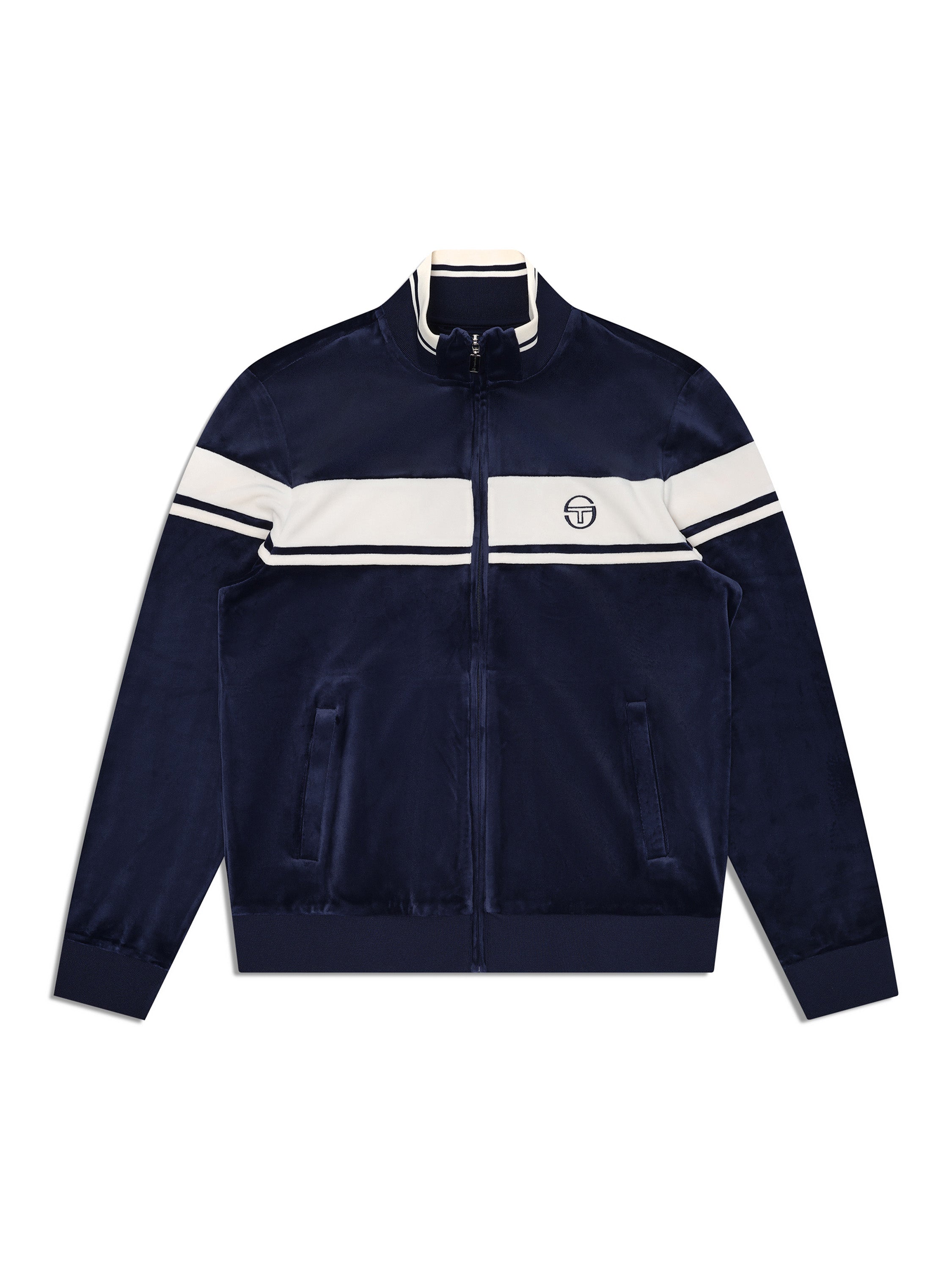 Damarindo Velour Track Jacket in Maritime Blue, front flat lay showing the white chest stripe and stand collar.