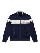 Damarindo Velour Track Jacket in Maritime Blue, front flat lay showing the white chest stripe and stand collar.