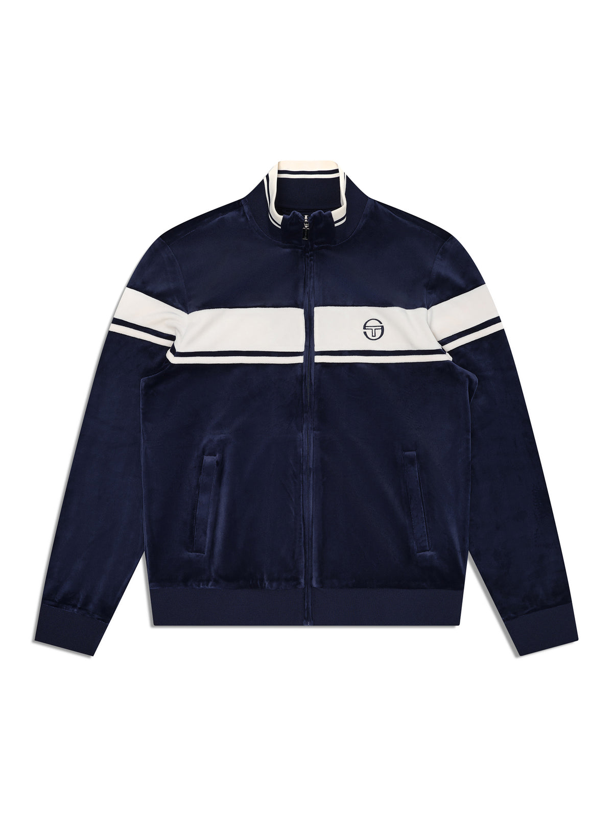 Damarindo Velour Track Jacket in Maritime Blue, front flat lay showing the white chest stripe and stand collar.